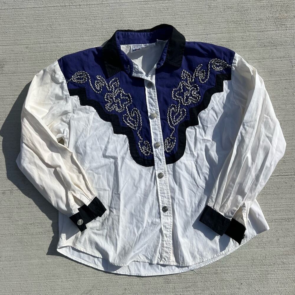 Vintage 80s 90s Cowgirl Western Yoke Blue Black Scrolling Bib Button Up Shirt L